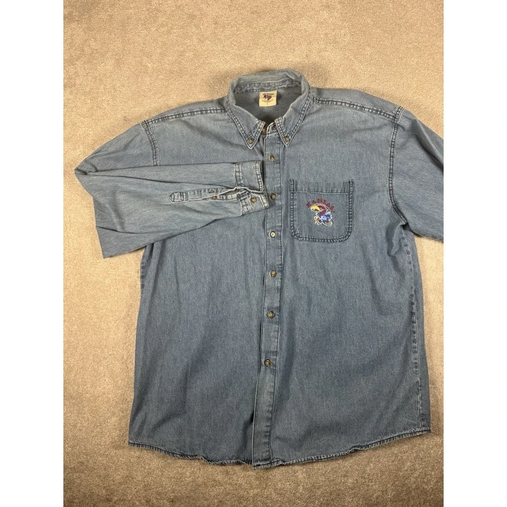Kansas Jayhawks Shirt Mens L Blue Denim‎ Button Up Embroidered NCAA College